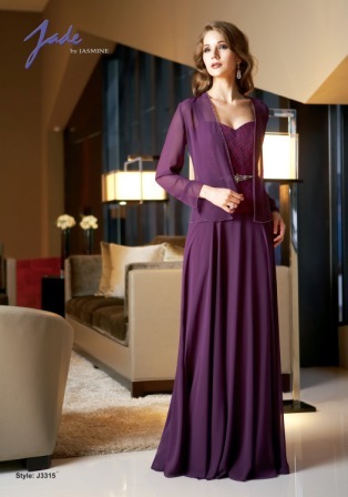 Prom Dress: JADE - J3315  Catalogue Color:		BORDEAUX (BX)	Fabric-top layer:		JADE CHIFFON	Accessory:		Jacket	Skirt Length:		Floor length. Skirt length can be changed to tea-length or knee-length.	Size Range: 		2-26 