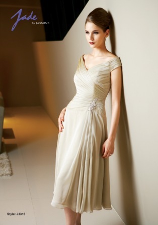 Prom Dress: JADE - J3316  Catalogue Color:		LATTE (LT)	Fabric-top layer:		JADE TIFFANY CHIFFON	Accessory:		N/A	Skirt Length:		Available in both tea-length 30