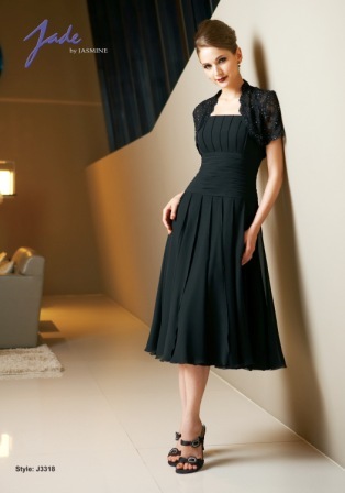 Prom Dress: JADE - J3318  Catalogue Color:		ONYX (OX)	Fabric-top layer:		JADE CHIFFON and NETTING	Accessory:		Jacket	Skirt Length:		Available in both tea-length 30