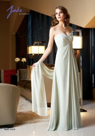 Evening Dress: JADE - J3319  Catalogue Color:		PERIDOT (PE)	Fabric-top layer:		JADE CHIFFON	Accessory:		Straps and shawl	Skirt Length:		Floor length. Skirt length can be changed to tea-length or knee-length.	Size Range: 		2-26 