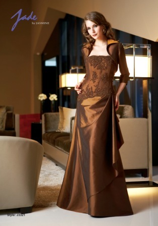 Evening Dress: JADE - J3321  Catalogue Color:		ESPRESSO (EO)	Fabric-top layer:		JADE TAFFETA and NETTING	Accessory:		Straps and jacket	Skirt Length:		Floor length. Skirt length can be changed to tea-length or knee-length.	Size Range: 		2-26 