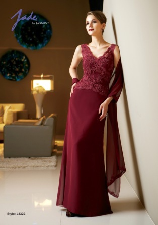Evening Dress: JADE - J3322  Catalogue Color:		CRANBERRY (CB)	Fabric-top layer:		JADE CHIFFON and NETTING	Accessory:		Shawl	Skirt Length:		Floor length. Skirt length can be changed to tea-length or knee-length.	Size Range: 		2-26 