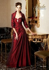 Evening Dress: JADE COUTURE - K3338  Catalogue Color:		CRANBERRY (CB)	Fabric-top layer:		LUXE TAFFETA	Accessory:		Jacket	Skirt Length:		Floor length. Skirt length can be changed to tea-length or knee-length.	Size Range: 		2-26 