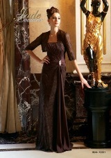 Evening Dress: JADE COUTURE - K3351  Catalogue Color:		ESPRESSO (EO)	Fabric-top layer:		COUTURE SATIN FACE CHIFFON and NETTING	Accessory:		Straps and jacket	Skirt Length:		Floor length. Skirt length can be changed to tea-length or knee-length.	Size Range: 		2-26 