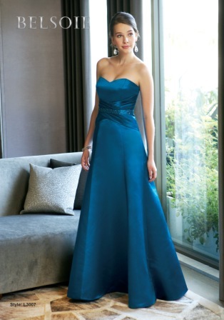 Bridesmaids Dress: BELSOIE SPRING 2010 - L3007  Catalogue Color:		TEAL (TL)	Fabric-top layer:		SUPREME SATIN	Accessory:		Spaghetti straps	Skirt Length:		Floor length. Skirt length can be changed to tea-length or knee-length.	Size Range: 		2-28 
