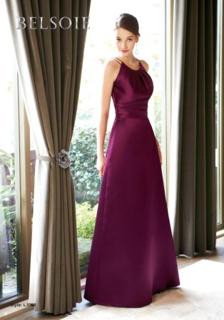 Bridesmaids Dress: BELSOIE SPRING 2010 - L3008  Catalogue Color:		BORDEAUX (BX)	Fabric-top layer:		SUPREME SATIN	Accessory:		N/A	Skirt Length:		Floor length. Skirt length can be changed to tea-length or knee-length.	Size Range: 		2-28 