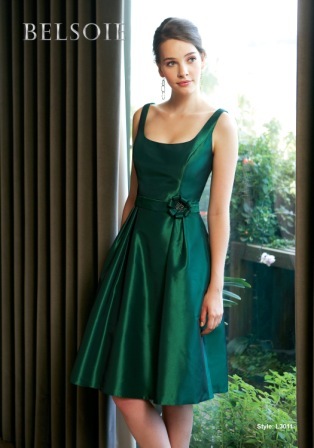 Bridesmaids Dress: BELSOIE SPRING 2010 - L3011  Catalogue Color:		DARK GREEN (DG)	Fabric-top layer:		BELSOIE MATTE TAFFETA	Accessory:		N/A	Skirt Length:		Available in both knee-length 25