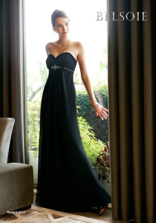 Bridesmaids Dress: BELSOIE SPRING 2010 - L3017  Catalogue Color:		BLACK (BK)	Fabric-top layer:		BELSOIE SOLID IRIDESCENT CHIFFON	Accessory:		Spaghetti straps	Skirt Length:		Floor length. Skirt length can be changed to tea-length or knee-length.	Size Range: 		2-28 