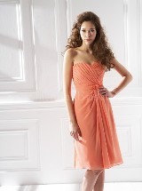Bridesmaids Dress: B2 FALL 2011 - B4090  Catalogue Color:  	TANGERINE (TG)Fabric-top: 	POLY CHIFFONAccessory: 	Spaghetti strapsSkirt Length: 	Available in both knee-length 25