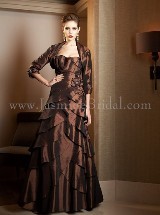 Mother of the Bride Dress: JADE COUTURE FALL 2011 - K4480  Catalogue Color:  	COCOA (CO)Fabric-top: 	LUXE TAFFETAAccessory: 	Jacket and strapsSkirt Length: 	Floor length. Skirt length can be changed to tea-length or knee-length.Size Range: 	2-26 