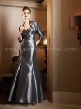 Mother of the Bride Dress: JADE COUTURE FALL 2011 - K4482  Catalogue Color:  	PLATINUM (PT)Fabric-top: 	LUXE TAFFETAAccessory: 	Jacket and strapsSkirt Length: 	Floor length. Skirt length can be changed to tea-length or knee-length.Size Range: 	2-26 