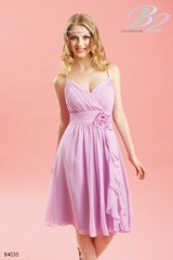 Bridesmaids Dress: B2 SPRING 2011 - B4035  Catalogue Color:		ORCHID (OR)	Fabric-top layer:		POLY CHIFFON	Accessory:		N/A	Skirt Length:		Available in both knee-length 25