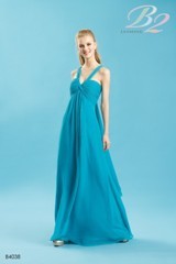 Bridesmaids Dress: B2 SPRING 2011 - B4038  Catalogue Color:		CARIBBEAN (CE)	Fabric-top layer:		POLY CHIFFON	Accessory:		N/A	Skirt Length:		Floor length. Skirt length can be changed to tea-length or knee-length.	Size Range: 		2-28 