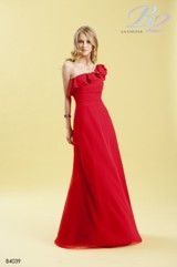 Bridesmaids Dress: B2 SPRING 2011 - B4039  Catalogue Color:		NEW RED (NR)	Fabric-top layer:		POLY CHIFFON	Accessory:		N/A	Skirt Length:		Floor length. Skirt length can be changed to tea-length or knee-length.	Size Range: 		2-28 