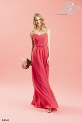 Bridesmaids Dress: B2 SPRING 2011 - B4040  Catalogue Color:		PEONY (PY)	Fabric-top layer:		POLY CHIFFON	Accessory:		N/A	Skirt Length:		Floor length. Skirt length can be changed to tea-length or knee-length.	Size Range: 		2-28 