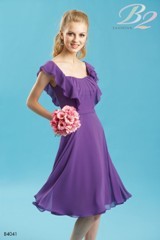 Bridesmaids Dress: B2 SPRING 2011 - B4041  Catalogue Color:		ROYAL PURPLE (RP)	Fabric-top layer:		POLY CHIFFON	Accessory:		N/A	Skirt Length:		Available in both knee-length 25