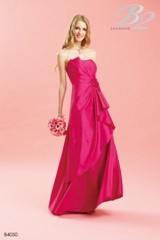 Bridesmaids Dress: B2 SPRING 2011 - B4050  Catalogue Color:		FUCHSIA (FA)	Fabric-top layer:		LUXE TAFFETA	Accessory:		Spaghetti straps	Skirt Length:		Floor length. Skirt length can be changed to tea-length or knee-length.	Size Range: 		2-28 