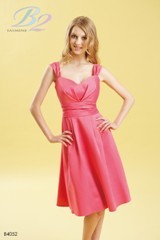 Bridesmaids Dress: B2 SPRING 2011 - B4052  Catalogue Color:		MELON (ML)	Fabric-top layer:		POLY SATIN	Accessory:		N/A	Skirt Length:		Available in both knee-length 25