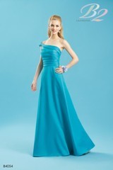 Bridesmaids Dress: B2 SPRING 2011 - B4054  Catalogue Color:		CARIBBEAN (CE)	Fabric-top layer:		POLY SATIN	Accessory:		N/A	Skirt Length:		Floor length. Skirt length can be changed to tea-length or knee-length.	Size Range: 		2-28 