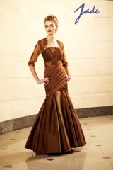 Mother of the Bride Dress: JADE - J4402  Catalogue Color:		ESPRESSO (EO)	Fabric-top layer:		JADE TAFFETA	Accessory:		N/A	Skirt Length:		Floor length. Skirt length can be changed to tea-length or knee-length.	Size Range: 		2-26 