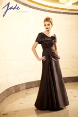Mother of the Bride Dress: JADE - J4407  Catalogue Color:		BLACK (BK)	Fabric-top layer:		JADE TAFFETA	Accessory:		Jacket and straps	Skirt Length:		Floor length. Skirt length can be changed to tea-length or knee-length.	Size Range: 		2-26 