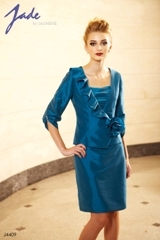 Mother of the Bride Dress: JADE - J4409  Catalogue Color:		TEAL (TL)	Fabric-top layer:		JADE TAFFETA	Accessory:		Jacket	Skirt Length:		Available in both knee-length 25