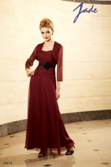 Mother of the Bride Dress: JADE - J4414  Catalogue Color:		CRANBERRY (CB)-BLACK (BK)	Fabric-top layer:		JADE TIFFANY CHIFFON	Accessory:		Jacket	Skirt Length:		Floor length. Skirt length can be changed to tea-length or knee-length.	Size Range: 		2-26 