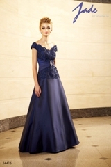 Mother of the Bride Dress: JADE - J4416  Catalogue Color:		NAVY (NY)	Fabric-top layer:		JADE TAFFETA	Accessory:		N/A	Skirt Length:		Floor length. Skirt length can be changed to tea-length or knee-length.	Size Range: 		2-26 