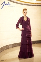 Mother of the Bride Dress: JADE - J4421  Catalogue Color:		BORDEAUX (BX)	Fabric-top layer:		JADE CHIFFON	Accessory:		Jacket	Skirt Length:		Floor length. Skirt length can be changed to tea-length or knee-length.	Size Range: 		2-26 