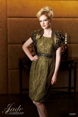 Mother of the Bride Dress: JADE COUTURE - K4431  Catalogue Color:		AUTUMN GREEN (GA)	Fabric-top layer:		LUXE TAFFETA	Accessory:		Jacket	Skirt Length:		Available in both knee-length 25