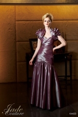 Mother of the Bride Dress: JADE COUTURE - K4433  Catalogue Color:		VICTORIAN (VT)	Fabric-top layer:		LUXE TAFFETA	Accessory:		Jacket and straps	Skirt Length:		Floor length. Skirt length can be changed to tea-length or knee-length.	Size Range: 		2-26 