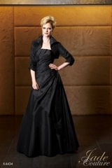 Mother of the Bride Dress: JADE COUTURE - K4434  Catalogue Color:		BLACK (BK)	Fabric-top layer:		LUXE TAFFETA	Accessory:		Jacket and straps	Skirt Length:		Floor length. Skirt length can be changed to tea-length or knee-length.	Size Range: 		2-26 