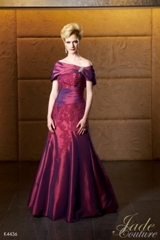 Mother of the Bride Dress: JADE COUTURE - K4436  Catalogue Color:		BORDEAUX (BX)	Fabric-top layer:		LUXE TAFFETA	Accessory:		Jacket and straps	Skirt Length:		Floor length. Skirt length can be changed to tea-length or knee-length.	Size Range: 		2-26 