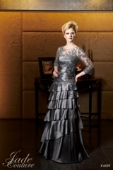 Mother of the Bride Dress: JADE COUTURE - K4439  Catalogue Color:		PLATINUM (PT)	Fabric-top layer:		LUXE TAFFETA	Accessory:		N/A	Skirt Length:		Floor length. Skirt length can be changed to tea-length or knee-length.	Size Range: 		2-26 