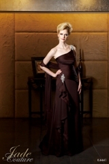 Mother of the Bride Dress: JADE COUTURE - K4441  Catalogue Color:		ESPRESSO (EO)	Fabric-top layer:		COUTURE SATIN FACE CHIFFON	Accessory:		Shawl	Skirt Length:		Floor length. Skirt length can be changed to tea-length or knee-length.	Size Range: 		2-26 