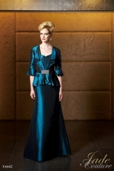 Mother of the Bride Dress: JADE COUTURE - K4442  Catalogue Color:		TEAL (TL)	Fabric-top layer:		LUXE TAFFETA	Accessory:		N/A	Skirt Length:		Floor length. Skirt length can be changed to tea-length or knee-length.	Size Range: 		2-26 