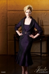 Mother of the Bride Dress: JADE COUTURE - K4443  Catalogue Color:		PURPLE (PL)	Fabric-top layer:		BROCADE	Accessory:		Jacket	Skirt Length:		Available in both tea-length 30