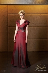Mother of the Bride Dress: JADE COUTURE - K4444  Catalogue Color:		CRANBERRY (CB)	Fabric-top layer:		SILK DUPIONI	Accessory:		N/A	Skirt Length:		Floor length. Skirt length can be changed to tea-length or knee-length.	Size Range: 		2-26 