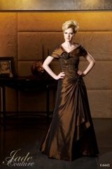Mother of the Bride Dress: JADE COUTURE - K4445  Catalogue Color:		COCOA (CO)	Fabric-top layer:		LUXE TAFFETA	Accessory:		Jacket and straps	Skirt Length:		Floor length. Skirt length can be changed to tea-length or knee-length.	Size Range: 		2-26 