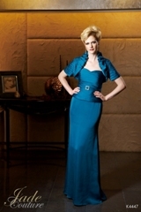 Mother of the Bride Dress: JADE COUTURE - K4447  Catalogue Color:		TEAL (TL)	Fabric-top layer:		COUTURE SATIN FACE CHIFFON	Accessory:		Jacket and straps	Skirt Length:		Floor length. Skirt length can be changed to tea-length or knee-length.	Size Range: 		2-26 