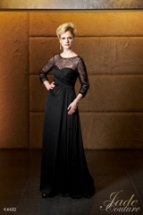 Mother of the Bride Dress: JADE COUTURE - K4450  Catalogue Color:		BLACK (BK)	Fabric-top layer:		COUTURE SATIN FACE CHIFFON	Accessory:		N/A	Skirt Length:		Floor length. Skirt length can be changed to tea-length or knee-length.	Size Range: 		2-26 