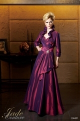 Mother of the Bride Dress: JADE COUTURE - K4451  Catalogue Color:		BORDEAUX (BX)	Fabric-top layer:		LUXE TAFFETA	Accessory:		Jacket and straps	Skirt Length:		Floor length. Skirt length can be changed to tea-length or knee-length.	Size Range: 		2-26 