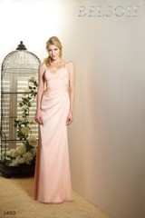 Bridesmaids Dress: BELSOIE SPRING 2011 - L4002  Catalogue Color:		DREAMSICLE (DM)	Fabric-top layer:		BELSOIE TIFFANY CHIFFON	Accessory:		Flower	Skirt Length:		Floor length. Skirt length can be changed to tea-length or knee-length.	Size Range: 		2-28 