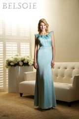 Bridesmaids Dress: BELSOIE SPRING 2011 - L4003  Catalogue Color:		SEA GLASS (EL)	Fabric-top layer:		BELSOIE TIFFANY CHIFFON	Accessory:		N/A	Skirt Length:		Floor length. Skirt length can be changed to tea-length or knee-length.	Size Range: 		2-28 