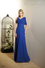 Bridesmaids Dress: BELSOIE SPRING 2011 - L4006  Catalogue Color:		COBALT (CT)	Fabric-top layer:		BELSOIE SOLID IRIDESCENT CHIFFON	Accessory:		N/A	Skirt Length:		Floor length. Skirt length can be changed to tea-length or knee-length.	Size Range: 		2-28 