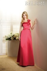 Bridesmaids Dress: BELSOIE SPRING 2011 - L4012  Catalogue Color:		PEONY (PY)	Fabric-top layer:		SUPREME SATIN	Accessory:		Spaghetti straps	Skirt Length:		Floor length. Skirt length can be changed to tea-length or knee-length.	Size Range: 		2-28 