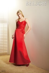 Bridesmaids Dress: BELSOIE SPRING 2011 - L4013  Catalogue Color:		NEW RED (NR)	Fabric-top layer:		SUPREME SATIN	Accessory:		N/A	Skirt Length:		Floor length. Skirt length can be changed to tea-length or knee-length.	Size Range: 		2-28 