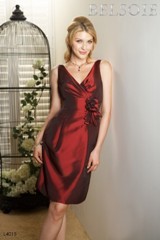 Bridesmaids Dress: BELSOIE SPRING 2011 - L4015  Catalogue Color:		CURRANT (CU)	Fabric-top layer:		BELSOIE MATTE TAFFETA	Accessory:		Flower	Skirt Length:		Available in both knee-length 25
