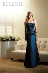 Bridesmaids Dress: BELSOIE SPRING 2011 - L4016  Catalogue Color:		DEEP NAVY (DN)	Fabric-top layer:		BELSOIE MATTE TAFFETA	Accessory:		Spaghetti straps	Skirt Length:		Floor length. Skirt length can be changed to tea-length or knee-length.	Size Range: 		2-28 