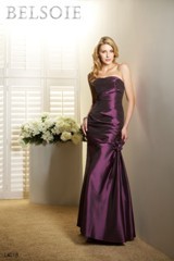 Evening Dress: BELSOIE SPRING 2011 - L4018  Catalogue Color:		EGGPLANT (EP)	Fabric-top layer:		BELSOIE MATTE TAFFETA	Accessory:		Spaghetti straps and flower	Skirt Length:		Floor length. Skirt length can be changed to tea-length or knee-length.	Size Range: 		2-28 